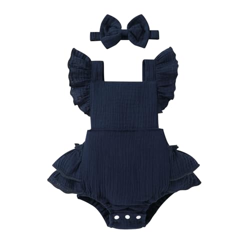 Happy Town Baby Girl Clothes Toddler Summer Linen Romper Sleeveless Ruffle Outfits Infant Girls Jumpsuit Bodysuit with Headband（Dark Blue,0-3 Months）