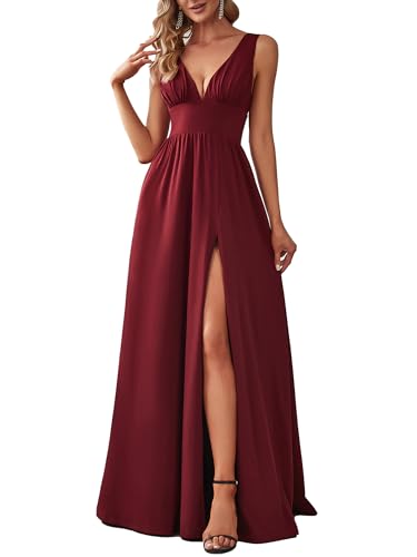 Ever-Pretty Women's Bridesmaid Dresses Deep V-Neck Sleeveless Side Slit Floor Length Wedding Guest Dress Burgundy US10