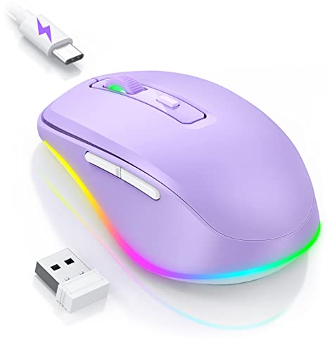 Wireless Mouse Jiggler - LED Wireless Mice with Build-in Mouse Mover, Rechargeable Moving Mouse for Laptop with Undetectable Random Movement Keeps Computers Awake - Purple