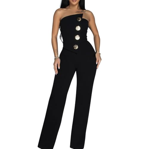 Molilove Womens Jumpsuit Casual Off Shoulder Sleeveless Tube Top Wide Leg Pants Romper Fall Asymmetricial One Piece Outfits