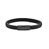 Geoffrey Beene Men's Braided Genuine Leather Bracelet with Stainless Steel Closure, Black