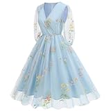 Half Sleeve Floral Embroidered Dress for Women Flower Embroidery Tulle Prom Dress Wrap V Neck Sheer Mesh Puff Sleeve Cocktail Party Dress Formal Wedding Guest Flare A Line Tea Party Dress Light Blue S