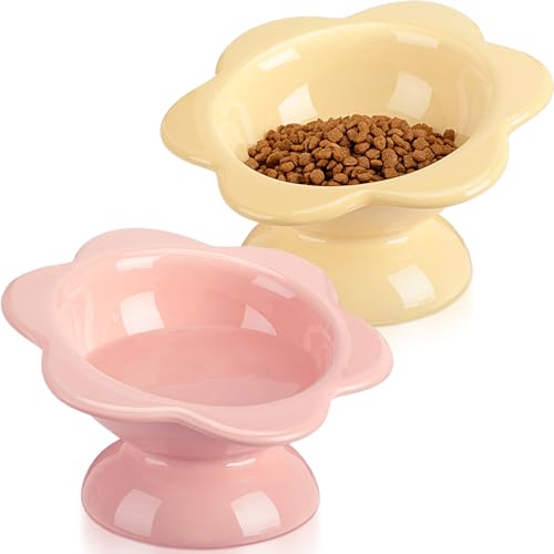 Hushee 2 Pcs Ceramic Raised Cat Bowls 7 oz Flower Shaped Cat Food Dish Stress Free on Neck and Spine Dishwasher Safe Feeding Bowls for Small Kitten