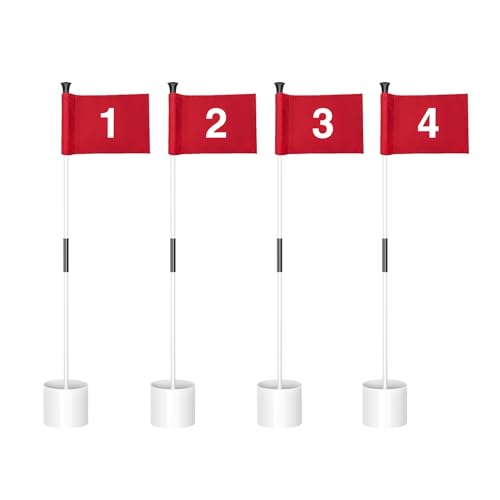 KINGTOP Miniature Golf Flagstick, Practice Putting Green Flags for Yard, Golf Pin Flag Hole Cup Set, 3ft White Flagpole, Indoor | Outdoor, Red Flag Numbered #1 2 3 4, 4-Pack