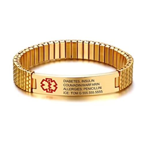 Personalized Medical ID Bracelets for Men - Custom Emergency Alert Bracelet for Women Engraved Medic Info Elastic Stainless Steel Bracelets for Family Autism Allergy Diabetic Epilepsy (Gold, 18cm)