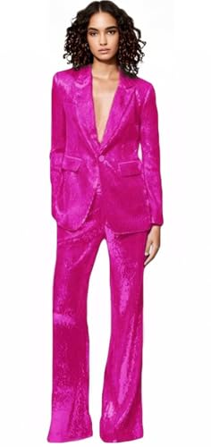 Women's Sequined Fashion Suit Set One Button 2 Piece Wedding Tuxedos Blazer Pants Prom Party Outfit Hot Pink 1- XXL