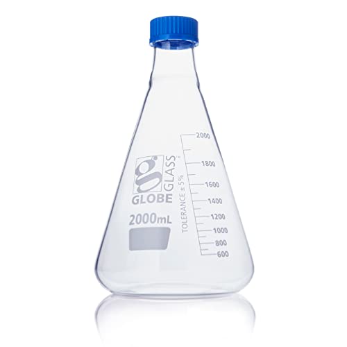 Erlenmeyer Flask, Globe Glass, 2000mL, Screw Cap, Dual Graduations, 3.3 Borosilicate Glass, ASTM E1404, 1/Box