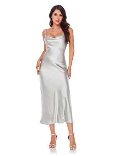Women's Spaghetti Strap Midi Satin Silk Dresses Slip Cowl Neck Party Cocktail Evening Dress Grey
