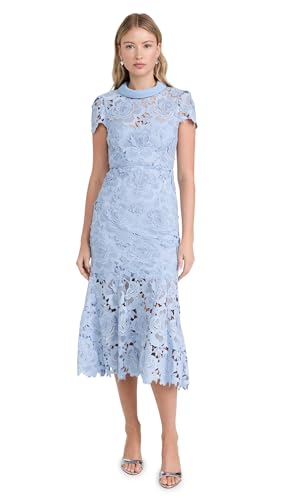 Self Portrait Women's Blue Flower Lace Contrast Collar Midi Dress, Blue, 0