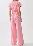 Happy Sailed Jumpsuits for Women Dressy Loose Casual Short Sleeve Belted Wide Leg Pant Romper One Piece Jumpsuit for Cocktail Party with Pockets Pink Large