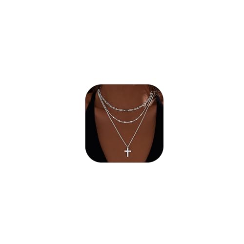 Poxtex Silver Layered Necklaces for Women,925 Sterling Silver Dainty Stackable Choker Necklaces for Women,Trendy Layering Thin Diamond Cross Paperclip Chain Pendant Jewelry Set Gifts