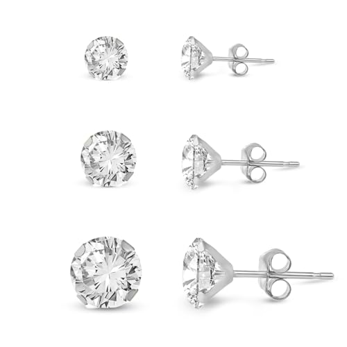 Jewelili 10K White Gold Cubic Zirconia Stud Earrings for Women | Gold White Round Studs 4MM, 5MM and 6MM in 3 Pair Box Set | Gold Earrings for Sensitive Ears | With Jewelry Gift Box