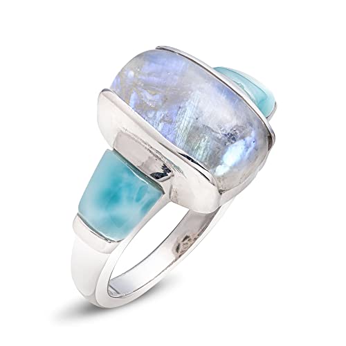 Stauer Larimar & Moonstone Ring – Genuine Gemstone Rings for Women – .925 Sterling Silver Rings for Women – Rare Larimar Jewelry Womens Ring size 08
