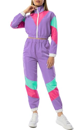 Yisfri Women's Vintage 80s 90s Style 2 Piece Outfit Long Sleeve Full Zip Windbreaker Tracksuits Themed Party Pants Set (Medium, Light Purple)