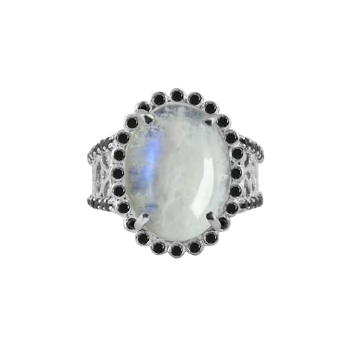 GEMHUB Handcrafted Moonstone Statement Ring Sterling Silver with Black Accents Oval Cut Vintage Silver Ring for Women-7.5
