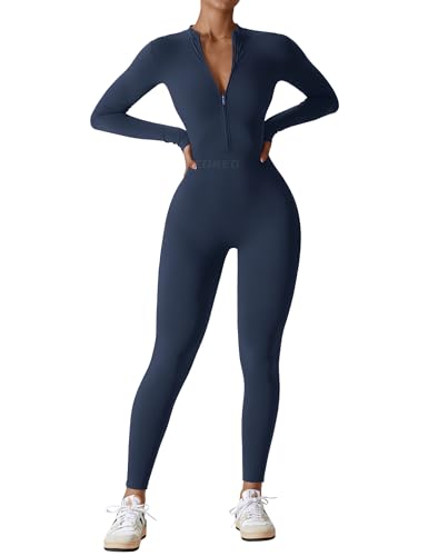 YEOREO Women Long Sleeve Workout Jumpsuit Zip Up Romper Bottom Pants Bodysuit Bodycon Sexy One Piece Midnight M