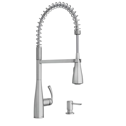 Moen Essie Spot Resist Stainless One-Handle High Arc Pre-Rinse Spring Pulldown Kitchen Faucet with Power Clean and Soap Dispenser, 87814SRS