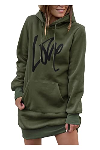 PRETTYGARDEN Womens Hooded Sweatshirt Drawstring Lightweight Long Sleeve Pullover Hoodie Dress With Pockets (Army Green, Medium)