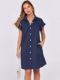 ANRABESS Womens Summer Button Down Shirt Dress Ruffle Short Sleeve Mini Dresses Loose Fit Beach Casual Sundress with Pockets Navy Blue Large