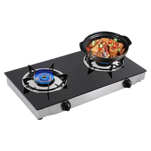 Natural GasCooktop, 2 Burners Stove Portable Gas Stove 24000 BTU Tempered Glass Double Auto Ignition Camping Burner LPG for RV, Apartments, Outdoor