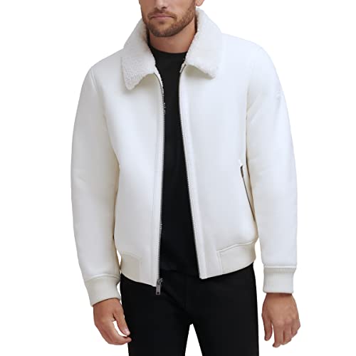 DKNY Men's Shearling Bomber Jacket with Faux Fur Collar, White, Medium