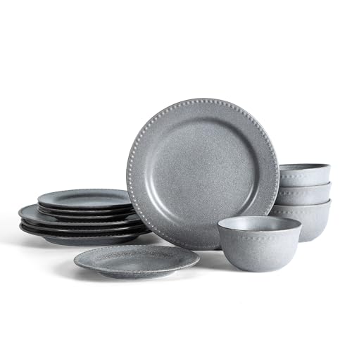 Stone Lain Comet 12-Piece Dinnerware Set Stoneware, Plates and Bowls Set, Dishwasher and Microwave Safe, Dish Set for 4, Grey