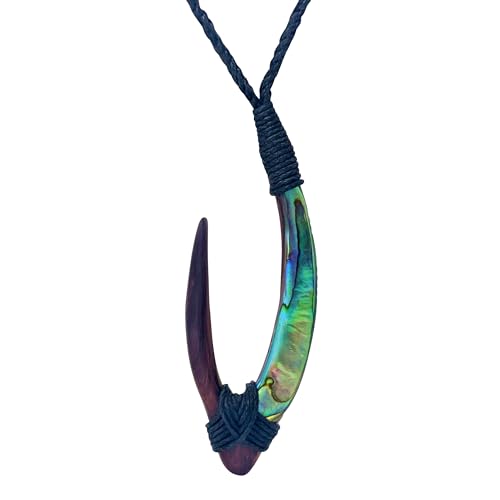 81stgeneration Women's Men's Hand Carved Wood Abalone Long HEI Matau Fish Hook Pendant Necklace