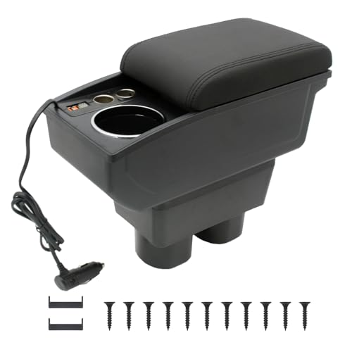 Car Armrest Box Fit for Nissan Versa 2007-2011 Tiida Latio Accessories Center Console Cup Holder Double Layer Storage Organizer Box with 2 USB Fast Charging Ports (Black Stitching)