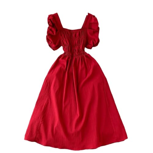 Women Summer Vintage Dress Elegant Puff Sleeve Big Swing Party Dress Lady Korean Trendy Outfits Dresses Red