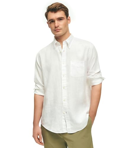 Brooks Brothers Men's Regular Fit Irish Linen Long Sleeve Sport Shirt, White, Medium