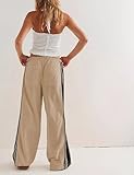 Hongsui Women's Wide Leg Pants Drawstring High Rise Side Striped Slouchy Palazzo Pants with Pockets (Khaki-S)