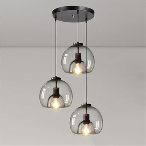 UHKOIXDFGQA 3-Light Smoke Gray Hardware Glass Shade Pendant Lighting Kitchen Island Hanging Lamp Modern Nordic Spherical Chandelier with E26 E27 Base for Breakfast Bar Dining Room(Round)