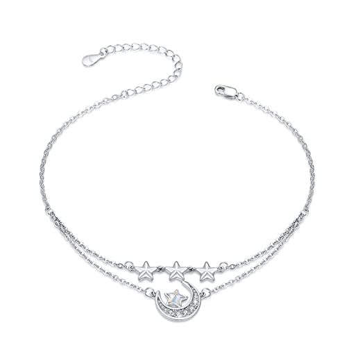AOVEAO Star and Moon Bracelets 925 Sterling Silver Crescent Star Bracelets Moon Layered Anklet Bracelet Jewelry for Women
