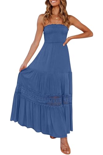 ZESICA Women's 2025 Summer Bohemian Strapless Off Shoulder Lace Trim Backless Flowy A Line Beach Long Maxi Dress,Blue,Small