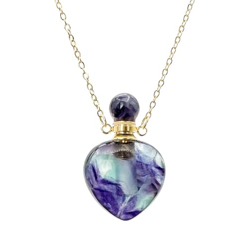 LDADAN Heart Shaped Perfume Bottle Necklace, Gold Plated Rainbow Fluorite Amethyst Healing Crystal Pendant, Essential Oil Diffuser Vial Necklace for Women (Rainbow Fluorite)