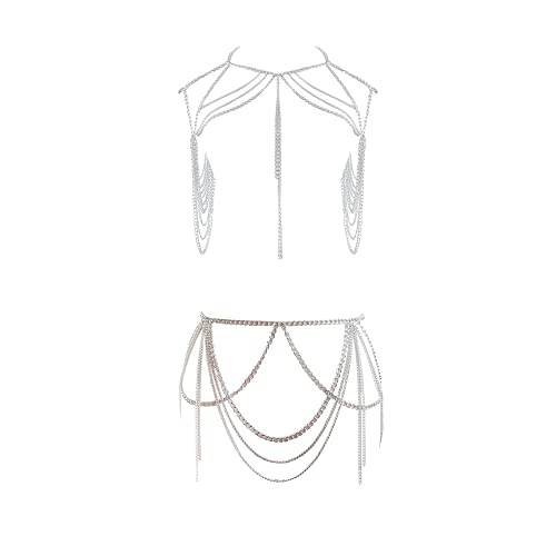 Sinkcangwu Sexy Body Chain Set Layered Necklace Bra Waist Chain Summer Fashion Bohemian Jewelry Suit for Beach Party Holidy (Silver)