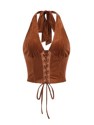 Verdusa Women's Going Out Halter Corset Tops Sleeveless Lace Up Open Back Crop Top Rust Brown Small