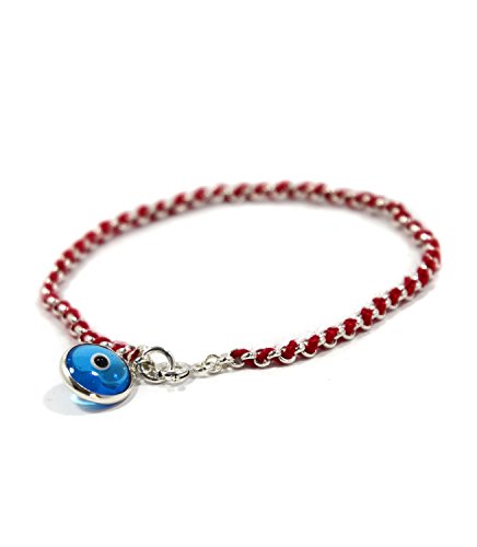 Protection Evil Eye Bracelet - Lucky Blue Evil Eye Charm - 7 Inch Women's Sterling Silver Jewelry - Best Kabbalah Red String Bracelets for Women