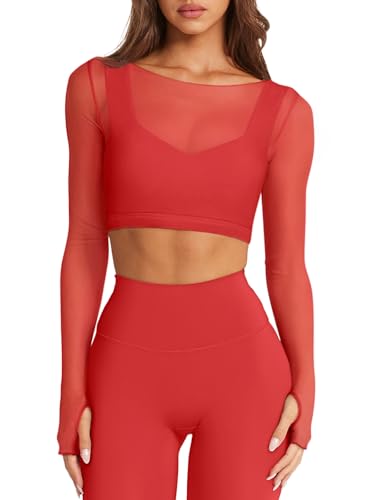 LASLULU Womens Long Sleeve Double Lined Tops Sexy Sheer Mesh Compression Shirts Tight Athletic Workout Shirts Yoga Dance Bra Tops(Red Medium)