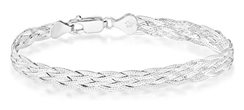 Miabella 925 Sterling Silver Italian 6-Strand Diamond-Cut 7mm Braided Herringbone Chain Bracelet for Women, 925 Italy (Length 8 Inches)