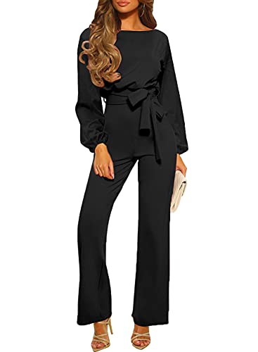 Happy Sailed Women Casual Loose Long Sleeve Belted Wide Leg Pant Romper Jumpsuits X-Large Black