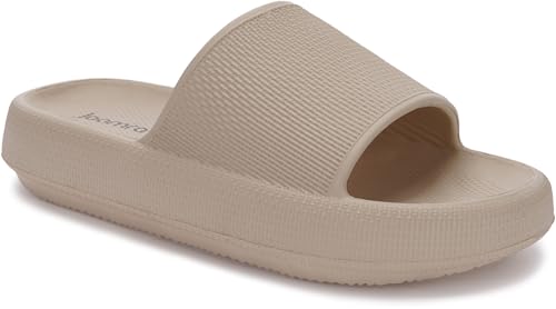 Joomra Shower Slippers for Women Mens Foam Pillow House Bath Bathroom Puffy Home Platform Sandals Cushion Cloud Slides for Ladies Female Male Sandles Khaki 39-40