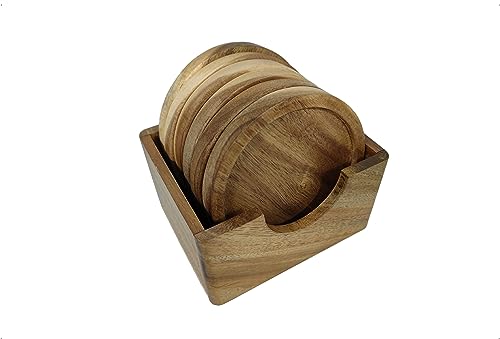 6 Piece Acacia Wood Coaster Set with Holder in a Gift Box, Made from one pc Solid Acacia Wood, Made in Vietnam.