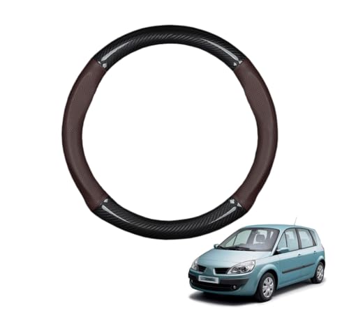 Round Shape Car Steering Wheel Cover for Scenic 2 MK2 2003-2009 Carbon Fiber and Microfiber PU Leather Breathable Anti-Slip Sport Protector Cover Auto Interior Accessories Glossy(Dark Brown)