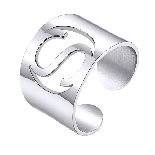 KeyStyle Stainless Steel Initial Ring with Letter S, Women's Adjustable Bold Statement Rings Captial Jewelry Gifts For Mother