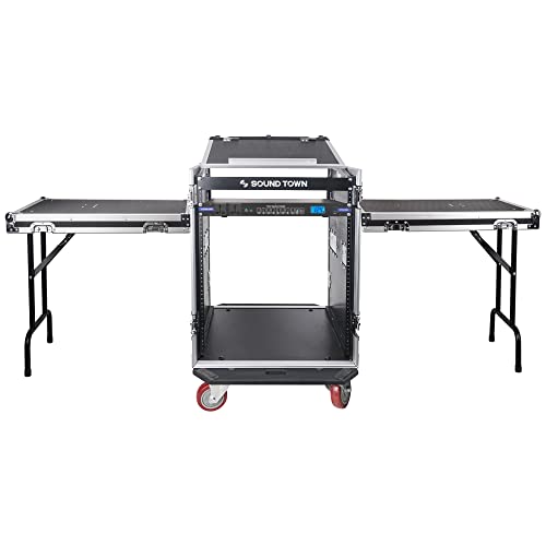 Sound Town PA DJ Combo with 14U Rack/Road ATA Case w/Slant Mixer Top, 2 DJ Tables and Casters, One 10 Outlet AC Power Conditioner/Sequencer (STMR-14T2PS10)