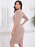 IHOT Fall Wedding Guest Dress for Women with Sleeves V Neck Wrap Ruched Bodycon Mini Short Date Night Dress Knee Length Office Work Formal Banquet Dinner Party Cocktail Dress Nude Pink Small