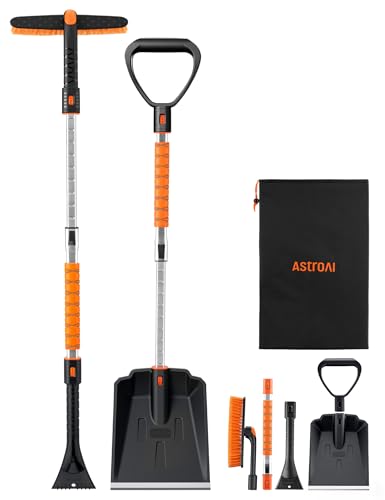 AstroAI 2" 1 Ice Scraper & Snow Shovel Kit, 47.2" Ice Scrapers for Car Windshield and 360° Pivoting Snow Brush, Extendable Snow Shovel with Foam Grip for Car, Trucks, SUVs, Vehicles（Orange）