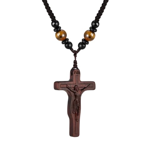 MEALGUET Natural Wooden Crucifix Cross Necklace with Jesus - Adjustable Braided Cord Cross Necklace for Men Women Religious Jewelry,Catholic Gift for Baptism Confirmation Easter,Brown