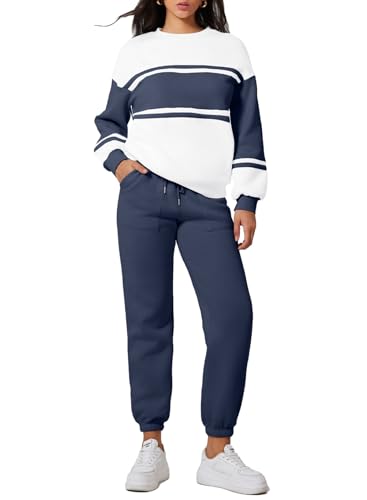 Herseas Fall 2 Piece Teacher Outfits for Women Casual Sweatsuits Color Block Pullover with Jogger Comfy Set 2024 Fall Fashion Leisure Suits Navy Blue Medium 8 10